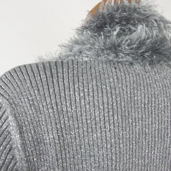 LAUREN MICHELE Top L Cardigan Sweater Silver Gray Metallic Faux Fur Stretch Knit - Picture 9 of 11
